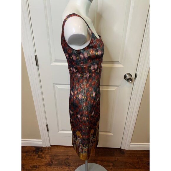 St. John Metallic Maroon, Green & Gold Geometric Pattern Sheath Dress, Size 2 - Picture 2 of 5